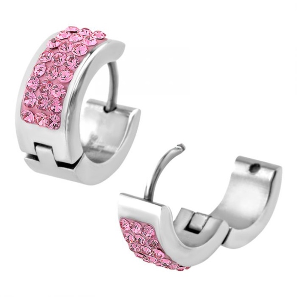 Jewelry - Light Pink Crystal Gem in Steel Huggies Earrings